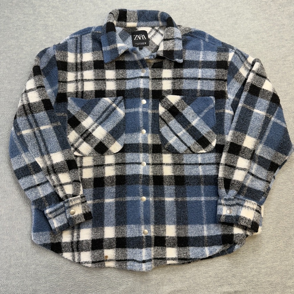 Zara Shacket Womens Medium Blue Plaid Oversized Overshirt Fleece Wool Acrylic